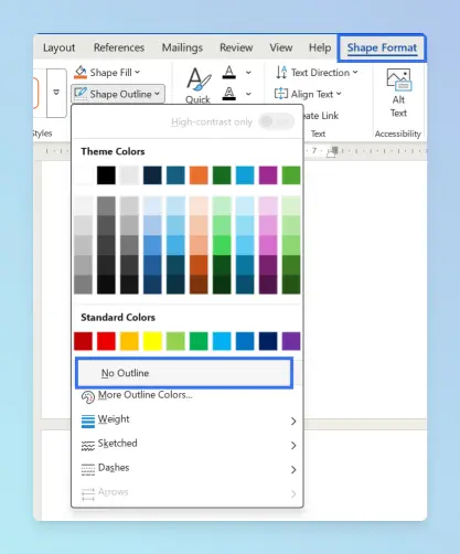 Word Shape Format tab with Shape Outline dropdown open and No Outline selected, beside the image.