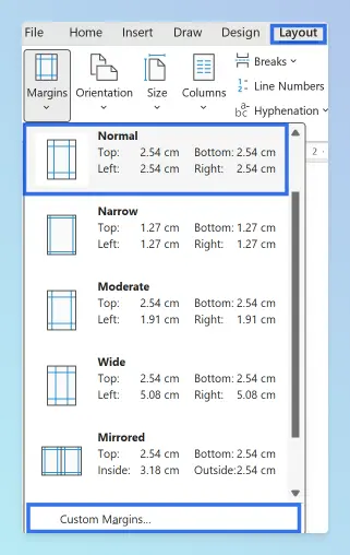 Word Layout tab with the Margins dropdown open, showing the Normal, Narrow, Moderate, Wide and Mirrored presets and Custom Margins