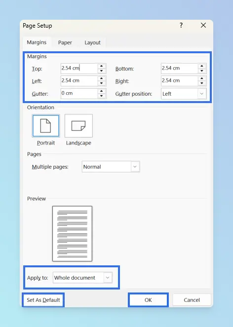 Word Page Setup dialog on the Margins tab, with Top, Bottom, Left, Right and Gutter fields and the Apply to dropdown