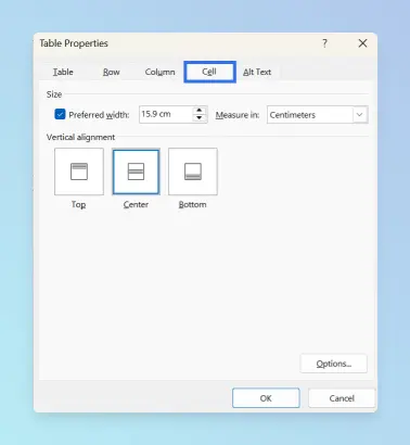 Word Table Properties dialog with Cell tab open showing Vertical alignment options (Top, Center, Bottom).