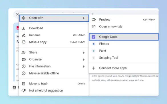 Google Drive right-click menu with Open with expanded and Google Docs highlighted in the submenu