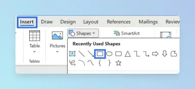 Word Insert tab with Shapes dropdown open showing Rectangle or shape options to draw beside the image.