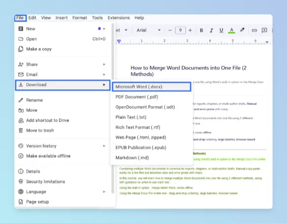 Google Docs File menu with Download selected and Microsoft Word (.docx) highlighted in the download formats list