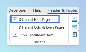 Header & Footer tab in Word with the Different First Page checkbox selected in the Options group