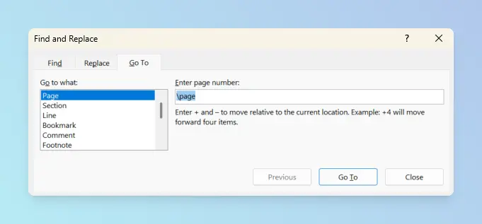 Word Go To dialog with Go To tab selected and \page typed in the Enter page number box