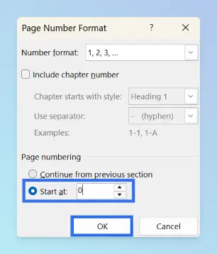 Page Number Format dialog in Word with Start at set to 0 and the OK button highlighted