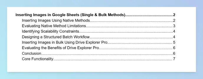 A finished table of contents in Google Docs listing headings and subheadings with page numbers