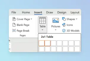 Word Insert Table grid with 1 row and 2 columns highlighted.