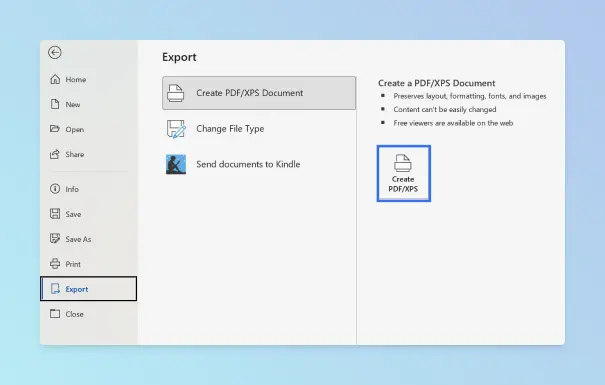 Microsoft Word Export menu with Create PDF/XPS Document option highlighted and Create PDF/XPS button visible.