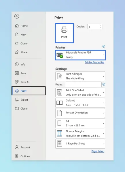 Microsoft Word Print dialog showing Microsoft Print to PDF selected as the printer.