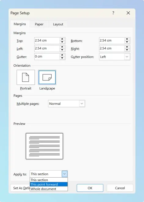 Page Setup dialog with Landscape selected and "This point forward" visible in the Apply to dropdown