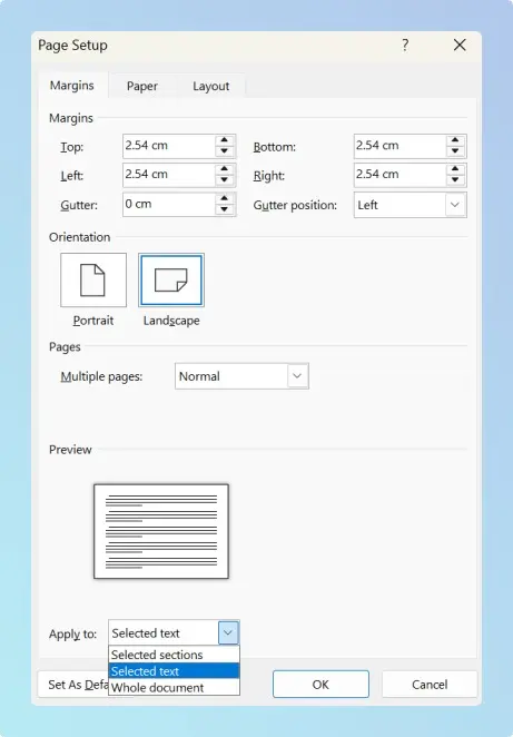 Page Setup dialog with Landscape selected and the Apply to dropdown open, with Selected text highlighted