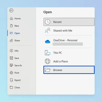 Word Open screen showing Browse option