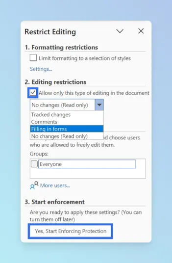Restrict Editing pane with Filling in forms selected and Section Protection options
