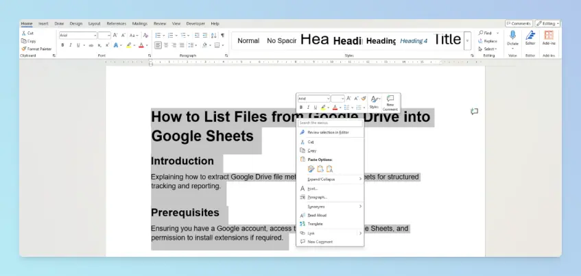 Converted PDF in Word with editable text selected