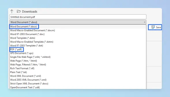 Word Save As screen showing Save as type options for PDF and Word Document