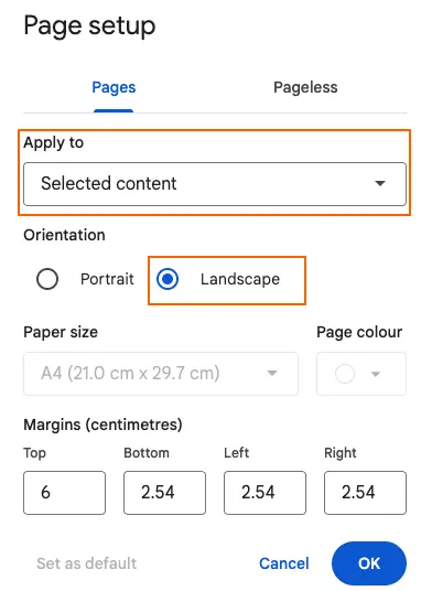 Page setup dialog showing Landscape orientation and the Apply to dropdown for selected content or whole document.